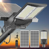 Street light with remote control, highlighting features like height, diameter, and waterproof rating, with a night scene and rain test shown.